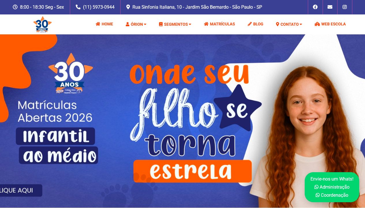 Página inicial do site do Colégio Órion, com chamada para matrículas abertas